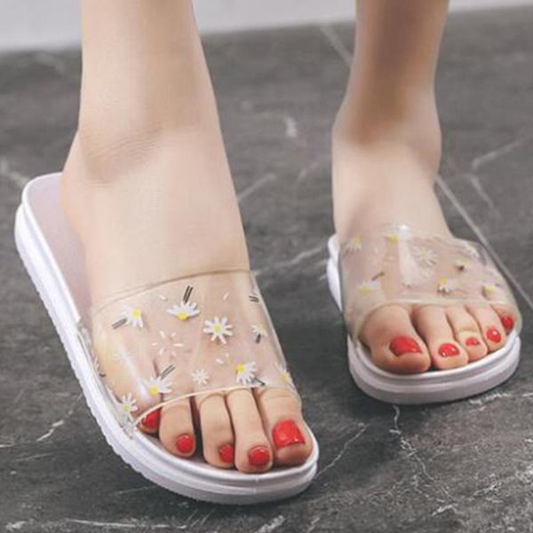 

slippers summer sandals shoes woman 2021 flowers transparent open toe flip flops clear women outdoor flat beach slides ll301, Black