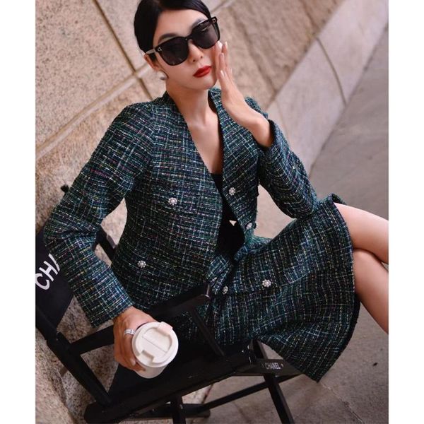 

women's suits & blazers high end temperament small fragrance dark green tweed short coat + skirt suit, White;black