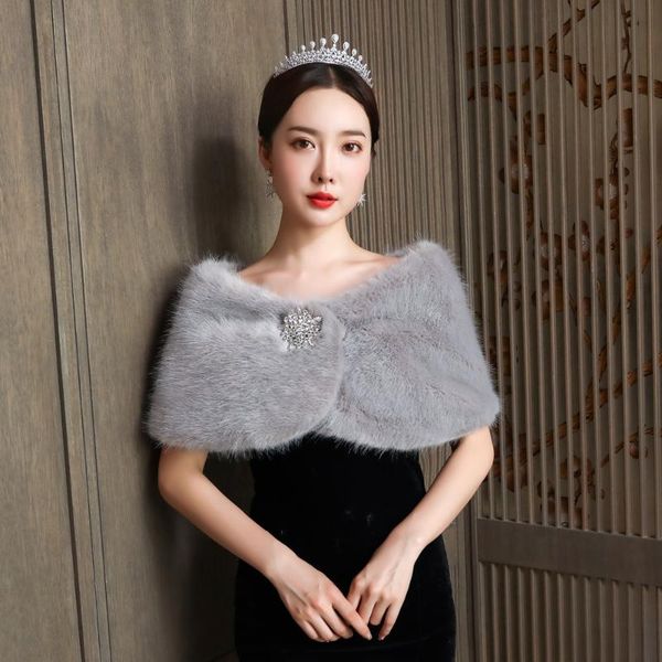 

wraps & jackets gray faux fur party shawl winter warm bridal bolero wedding coat diamond brooch wrap cape, White