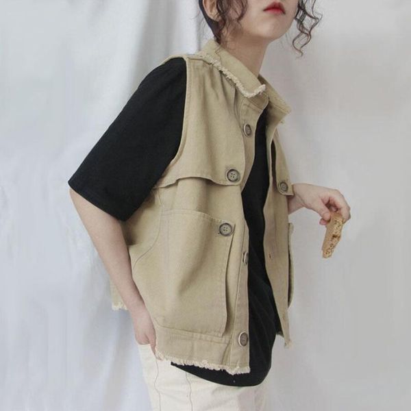 

women's vests autumn cargo denim vest female spring fashion college jacket student women waistcoats solid single button sleeveless, Black;white