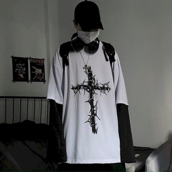 

men's t-shirts fake two piece stitching long-sleeved t-shirt male retro high street goth dark hip-hop harajuku thorns cross print loose, White;black