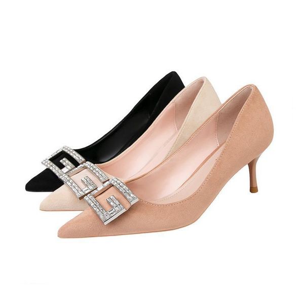 

dress shoes fashion thin high heels pointed toe metal button flock for wedding women, Black