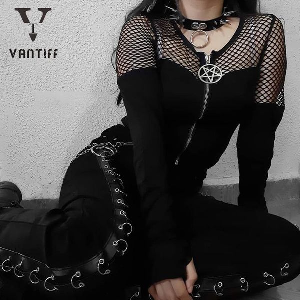 

women's t-shirt women clothes gothic stitching zipper cardigan bottoming shirt girl bf student long sleeve halloween for female, White