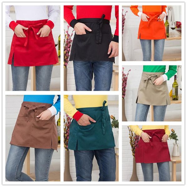 

simple solid color short apron for woman men waist el restaurant cafe waiter uniform two pocket quality pinafore aprons