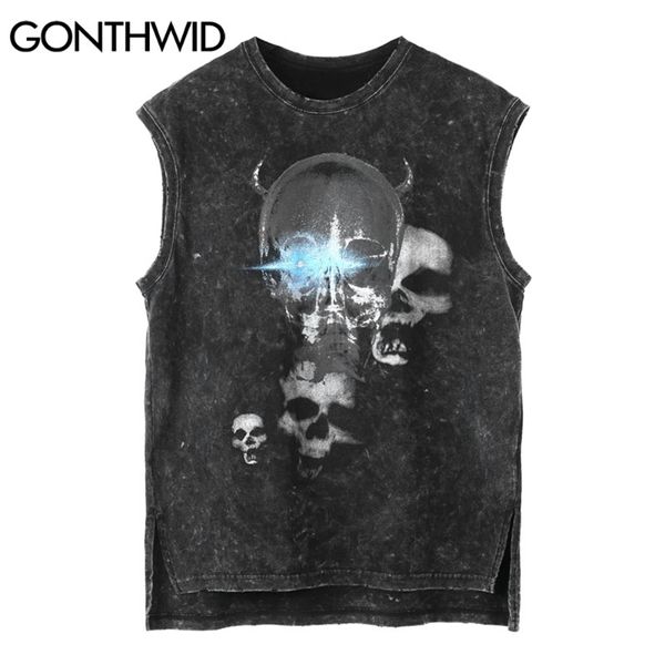 Canotta senza maniche Hip Hop Stampa teschio Distressed Canotta Streetwear Estate Harajuku Punk Rock Gothic T-shirt da uomo allentate 210602