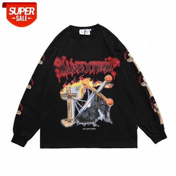 

devil print long-sleeved t-shirt men's ins european and american high street pullover dark flow loose compassionate shirt #2y2m, White;black