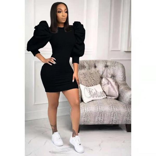 

casual dresses fashion round neck three quarter sleeve wave short dress office ladies autumn clothing ribbed knitted mid, Black;gray