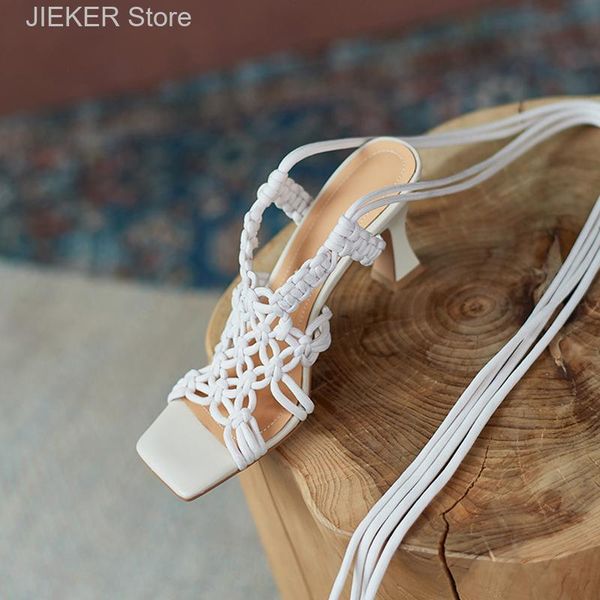 

sandals classic square toe woven ankle strap cross lace up high heel women leather knitted party pumps shoes 2021 summer, Black