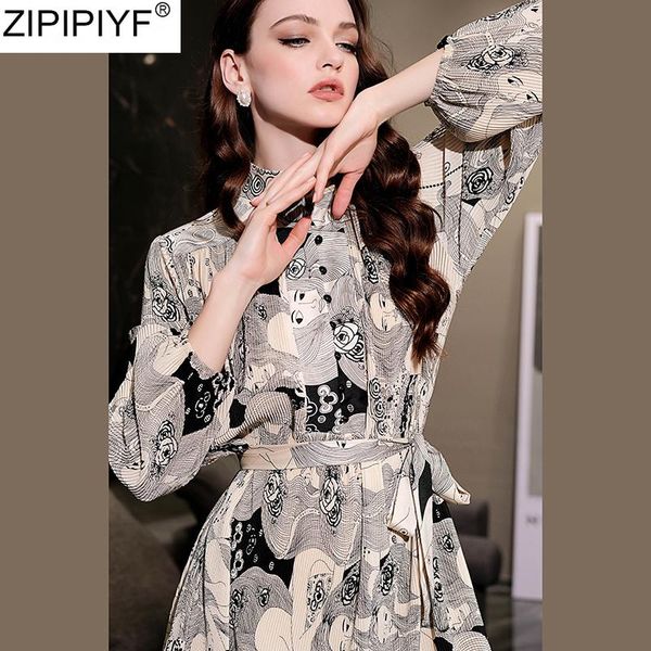 

casual dresses vintage print dress for women elegant stand collar lantern sleeve high waist a-line female 2021 spring arrivals, Black;gray