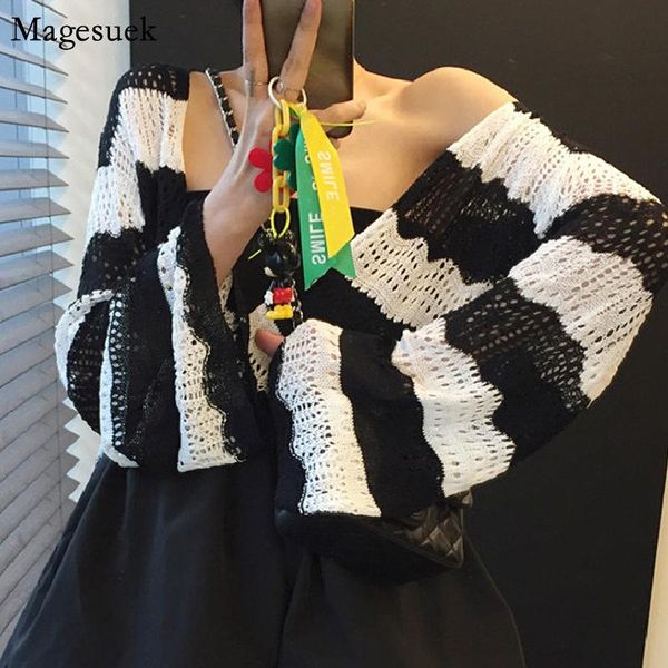 

women's knits & tees loose knitted women cardigan autumn winter v-neck long sleeve sweater woman casual hollow retro striped sweaters 1, White