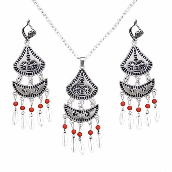 

earrings & necklace bohemian ethnic african statement women jewelry sets gypsy red green beads long tassel coin turkish joyeria, Silver