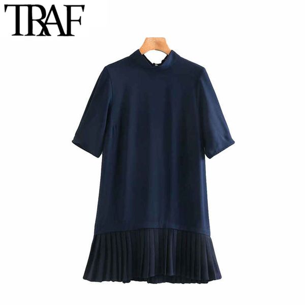 TRAF Mulheres Vintage Chic Escritório Vestido Back Back Laço Plissado Mini Vestido Moda Alta Collar Manga Curta Vestidos Femininos Vestidos 210415