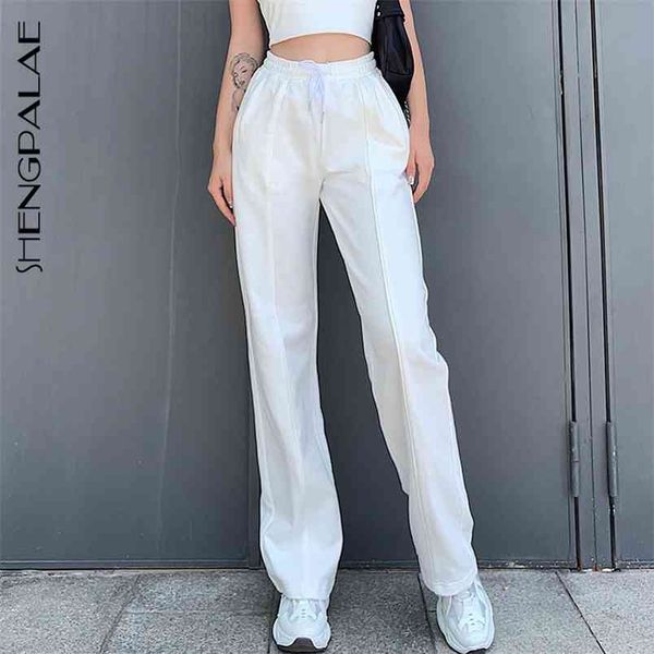 

spring fashion trend women's high waist drawstring elastic simple casual straight leg pants trousers zt793 210427, Black;white