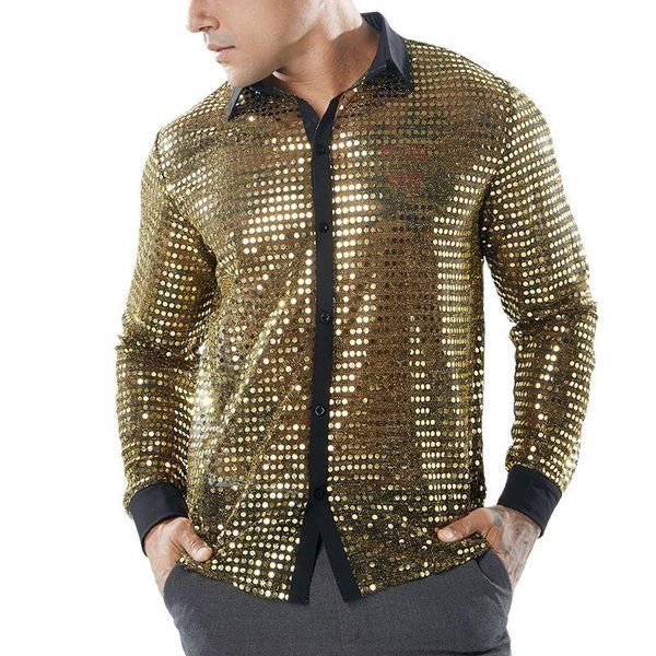 

men's casual shirts nightclub sequins men shirt hollow out punk blouse singer stage costume man fashion gold black long sleeve, White;black