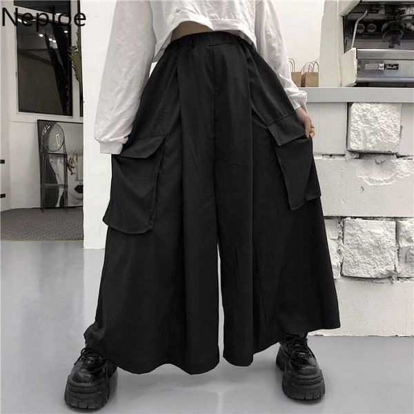 

neploe japanese leisure large pockets causal pants women men loose wide leg trousers stretch high waist straight pants 58337 210707, Black;white