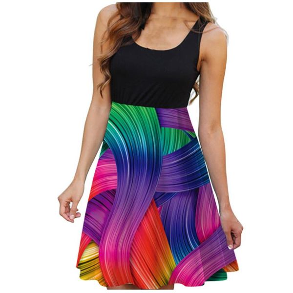 

casual dresses floral boho midi dress women summer sleeveless tank slim high waist patchwork vintage 3d print vestidos 2021, Black;gray