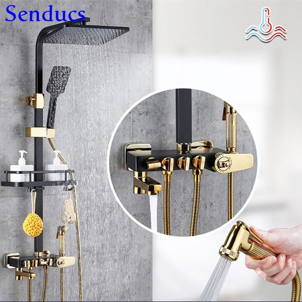 

senducs bathroom shower set quality brass bathtub faucet spa raifall hand head luxury black gold thermostatic sets