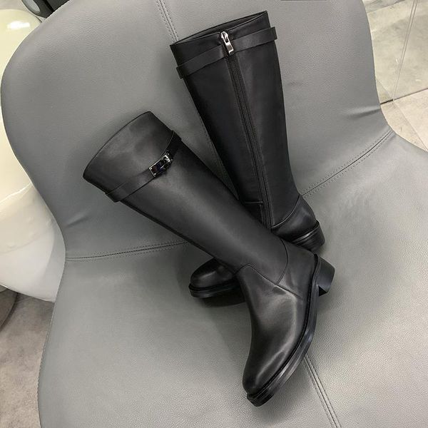 

boots winter for women knee high fashion genuine leather shoes round toe med heel black ladies