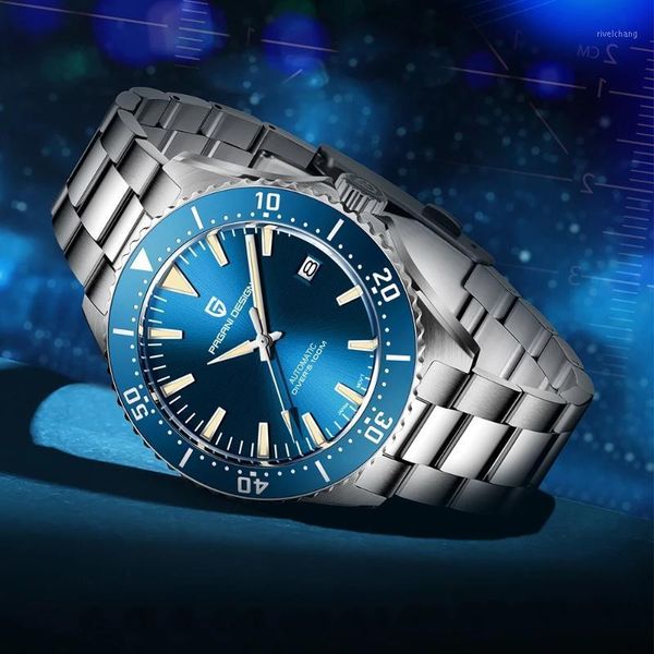 

men mechanical wristwatch brand automatic watch luxury sapphire glass 100m waterproof men's reloj hombre wristwatches, Slivery;brown