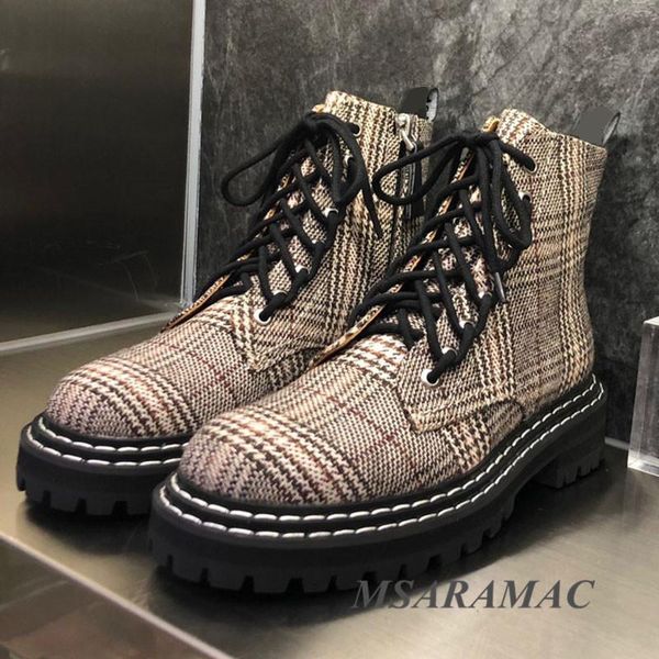 

boots elegant striped plaid leather round toe lace-up ankle winter slim all-match women's short, Black
