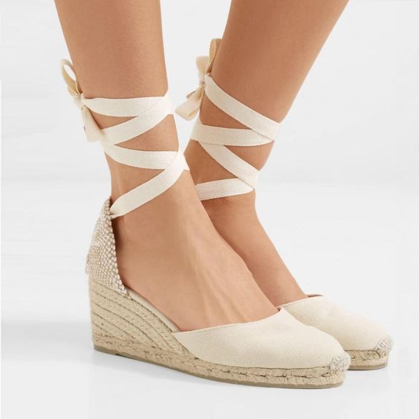 

ankle strap espadrille sandals women wedge canvas platform wedges fashion lace up summer shoes, Black