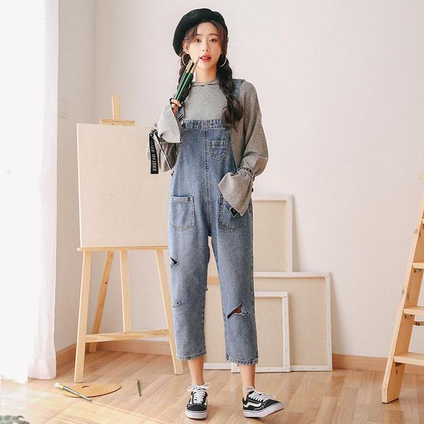 

women's jeans wholesale 2021 autumn loose overall with holes suspenders boy friend fashion big size denim jumpsuits for women, Blue