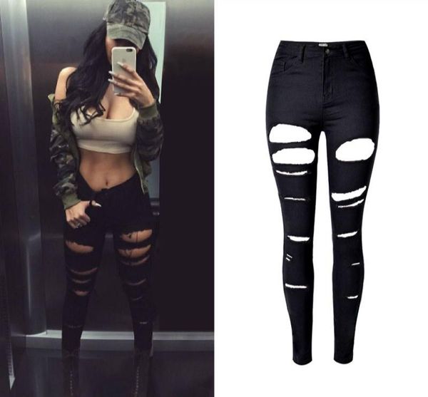 

women's jeans sindydell 2021 robek skinny ripped women high waist slim black mujer vintage hip hop denim, Blue