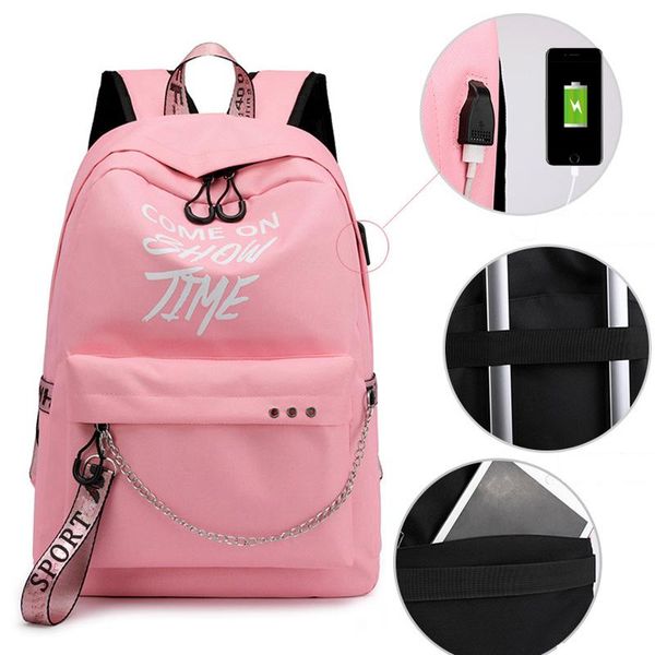 

outdoor bags luminous usb charge women backpack fashion letters print school bag teenager girls ribbons