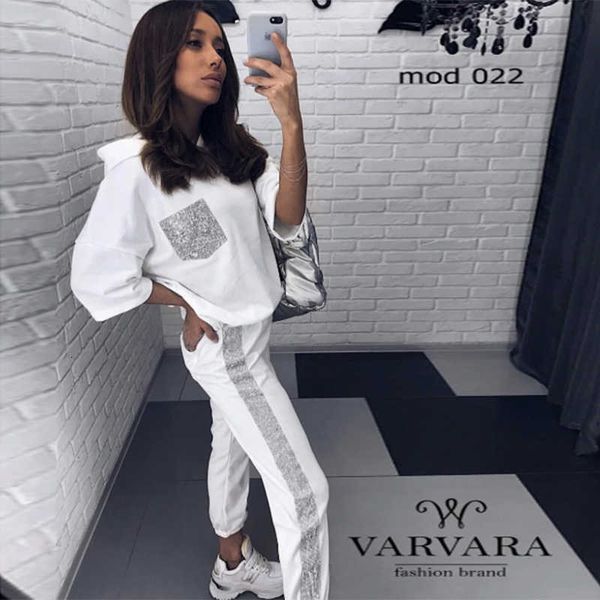 

women's two piece pants pants front pocket shiny design fashion suit set women tracksuit two-piece style outfit sweatshirt sport wear h, White
