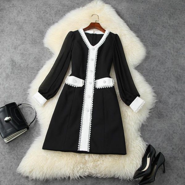 

casual dresses short dress for ladies 2021 early spring women's beaded v-neck long sleeved slim waist a-line lightly mature clothes s-x, Black;gray