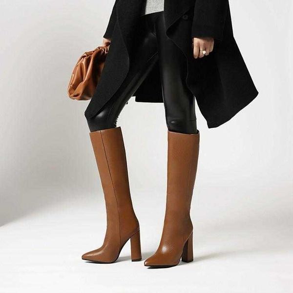 

boots autumn and winter 2021 women's thick heel pointed not over the knee tube small knight, Black