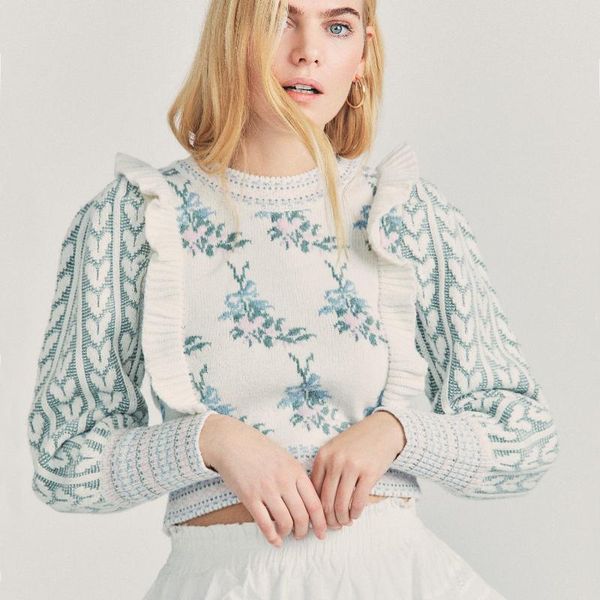 

women's sweaters bohemian jacquard short pullovers 2021 spring autumn shoulder wood ears ruffles sweater vintage puff sleeve jumper kni, White;black