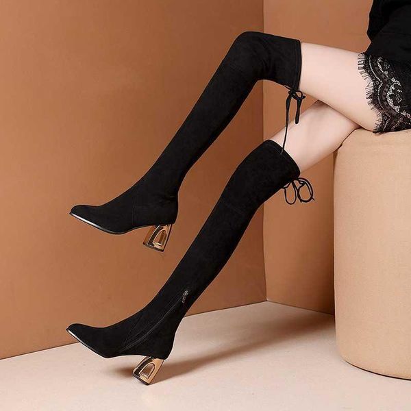 

boots elastic socks 2021 women's shoes high heel zipper over knee thin, Black