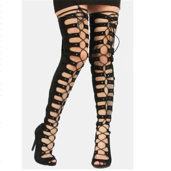 

genuine women's shoes net celebrity hollow over the knee high sandals fashion show wedding 11cm heels 4-8 9 dress, Black