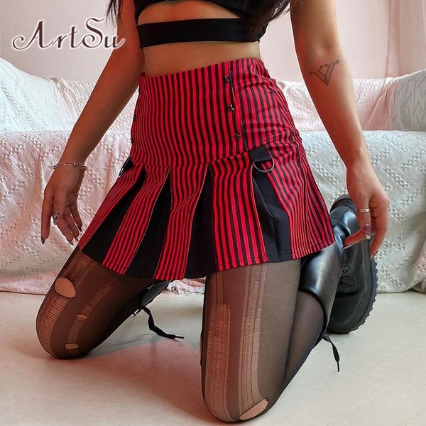 

skirts striped dark harajuku punk pleated mini skirt women casual high waist short ladies y2k summer streetwear sk52108, Black