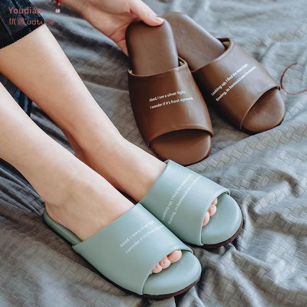 

youdiao genuine leather slippers women indoor letters mules sheepskin man shoes suede mute sole home female non-slip flat slides, Black