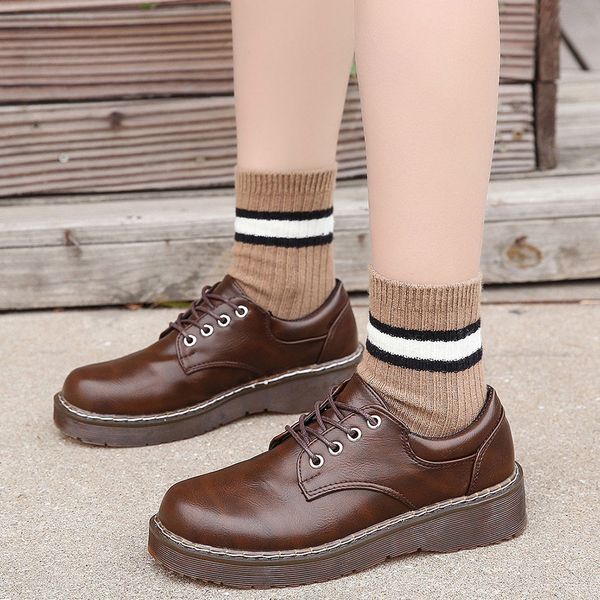 

vintage students shoes solid black leather oxford shoes woman lace up high heels thick bottom platform loafers casual shoes, Black;white