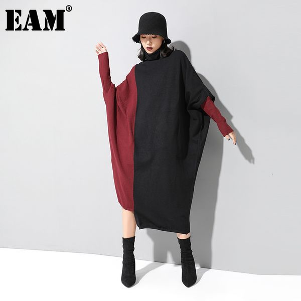

[eam] women knitting contrast color big size dress high neck long sleeve loose fit fashion spring autumn 1d674 21512, Black;gray