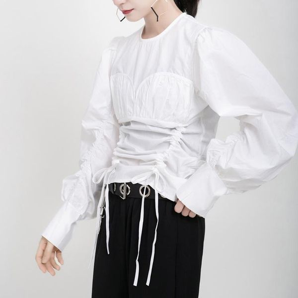 

women's blouses & shirts msxu spring/summer 2021 slim-fit light-fried style shirt, long-sleeved drawstring french blouse women, White