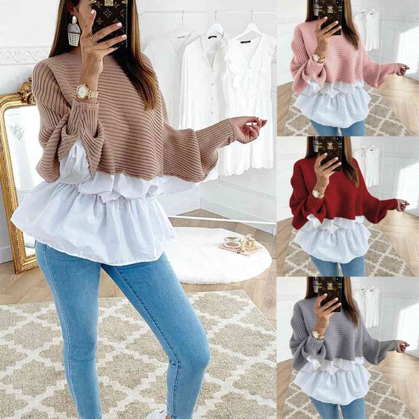 Autunno Inverno Elegante Tunica Maglione Lavorato A Maglia Patchwork Casual O Collo Manica A Pipistrello Rosa Ruffles Pullover Coreano Abbigliamento Donna 210507