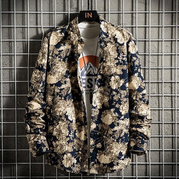 

men's casual shirts shirt long-sleeved korean-style floral vintage trendy coat pu handsome design retro button up, White;black