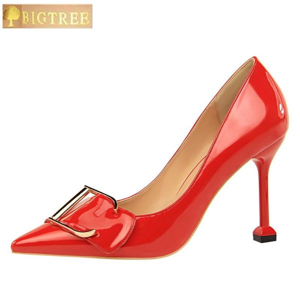

dress shoes women pumps career 9.5cm thin high heels fine with heel patent leather shallow mouth pointed toe metal belt buckle women's, Black