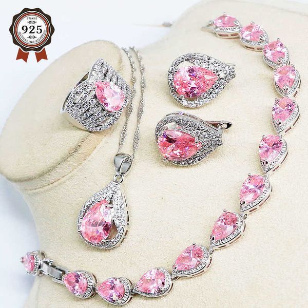 Rosa Cubic Zirconia Set di gioielli da sposa per le donne Goccia d'acqua Collana Orecchino ad anello Bracciali Regalo di compleanno H1022
