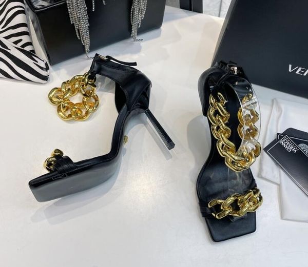

chain nappa leather sandals designer luxury women party high heels sandal 04, Black