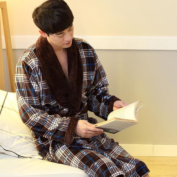 

men's sleepwear autumn winter men warm thick flannel bathrobe shower fashion plaid long sleeve robe dressing gown cozy bath kimono dres, Black;brown