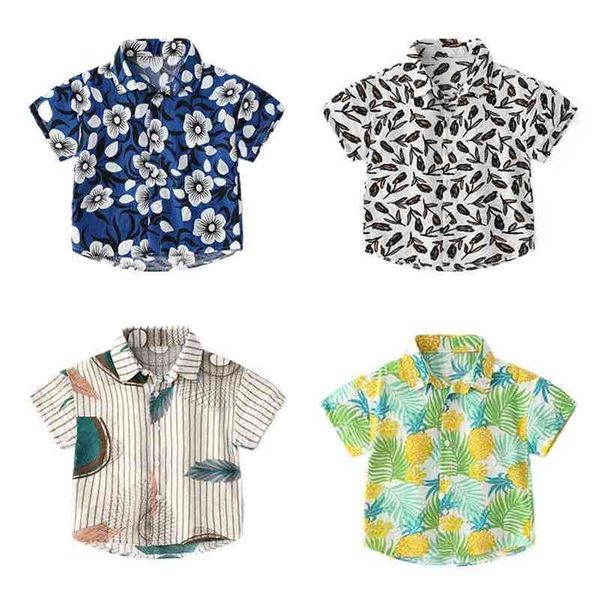 Yaz Moda Erkek Yaprak Baskı Yumuşak Kısa Kollu Tatil Tops Çocuk 4 Renkler Gevşek Plaj T Shirt 210708