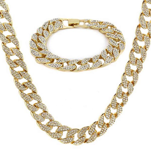 

iced out bling crystal rhinestone gold 15mm men miami cuban link chain cz necklace bracelets men's hip hop jewelry gift x0509, Black