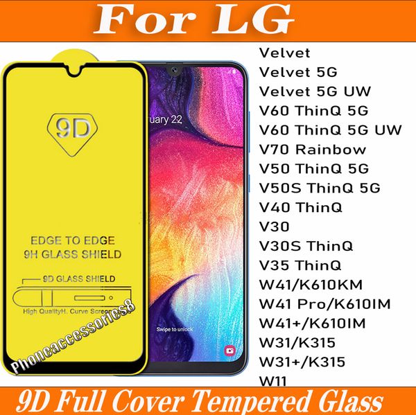 9D Full Cover gehärtetes Glas Handy-Displayschutz für LG Velvet 5G UW V60 V70 Rainbow V50 V50S V40 V30 V30S V35 ThinQ W11 W31 W41 Plus