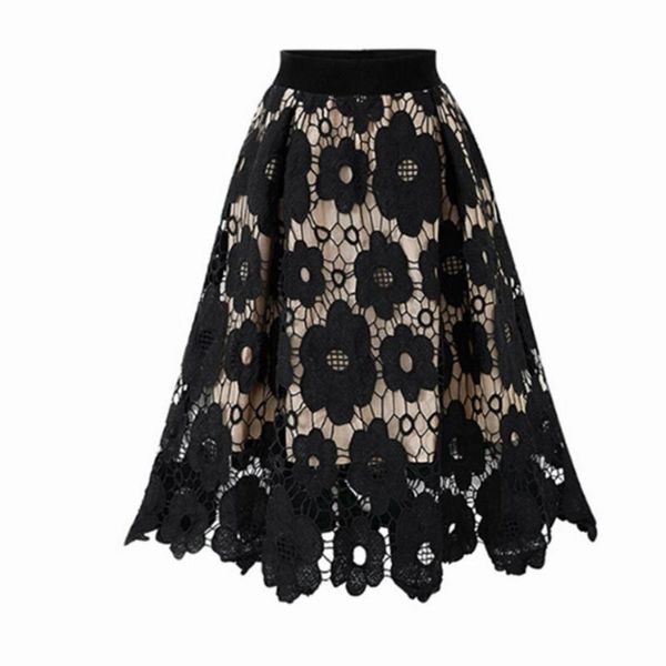

medieval maxi long high waist skirt lace double-layer design retro temperament elegant midi for skirts, Black