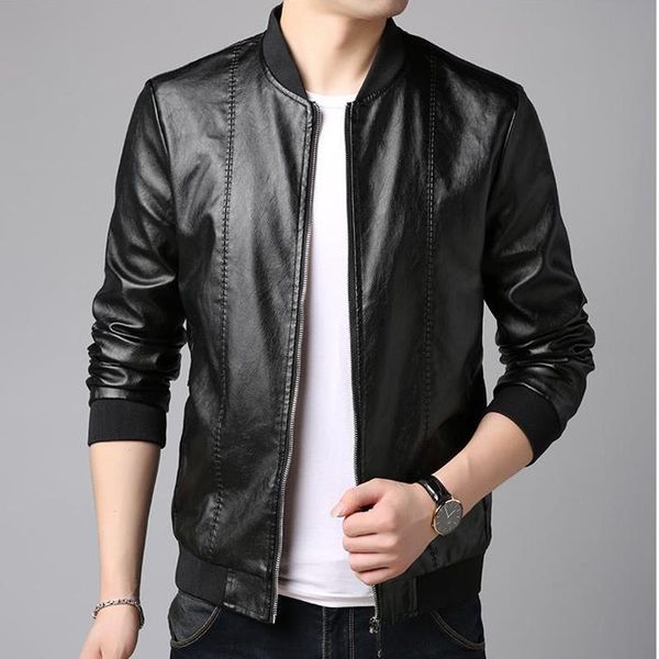

motorcycle leather jacket autumn winter men's casual zipper jacketmen leisure clothing slim jack fur & faux, Black